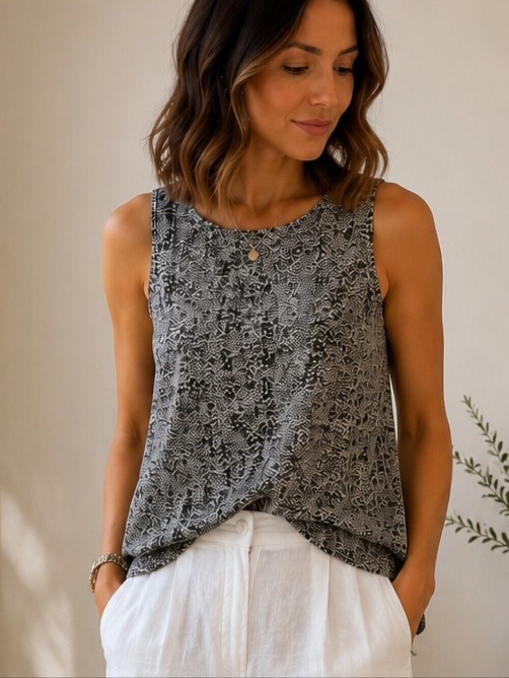 Eileen Fisher 100% Silk Printed Tank Top Petite Petite Gray Black Sleeveless
